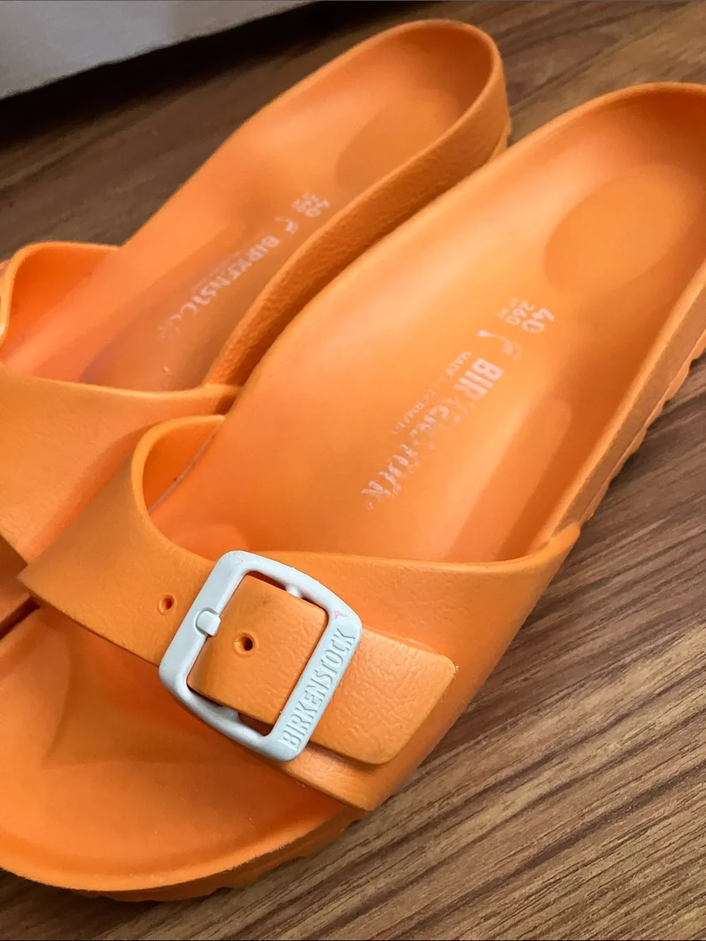 Birkenstock Orange Single Strap Buckle Slides